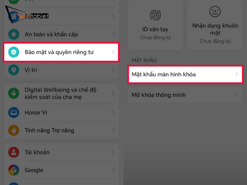 Hướng dẫn cách đặt mật khẩu màn hình Honor X7d, X8d, X9d