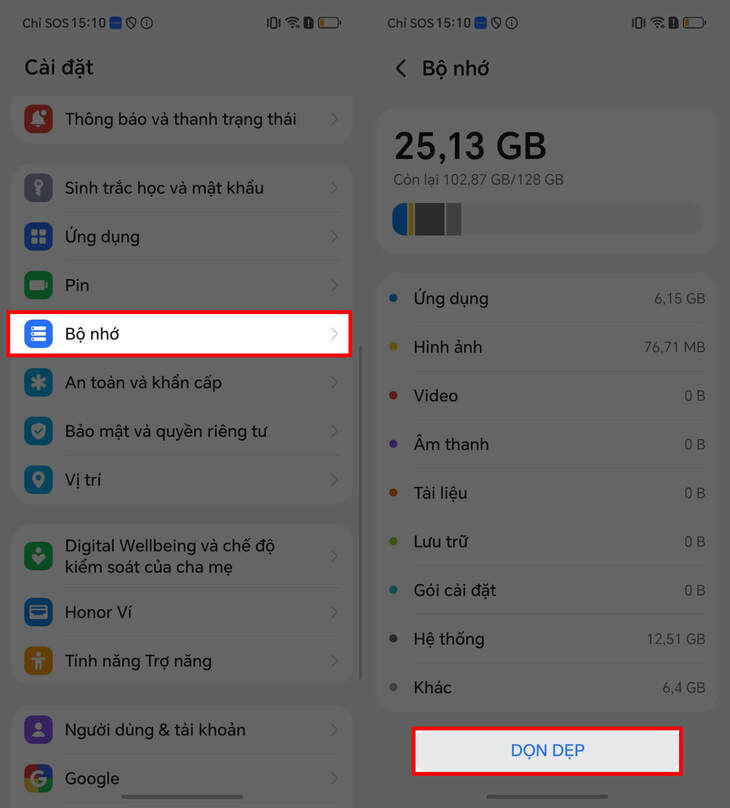 Chọn vào Bộ nhớ, cuối cùng nhấn chọn vào Dọn dẹp
