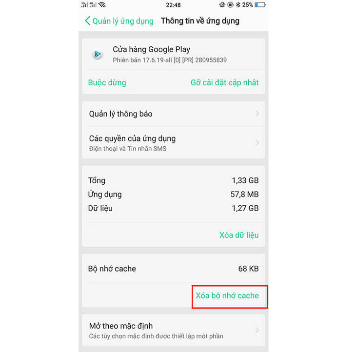 Nhấn vào Bộ nhớ, sau đó chọn Xóa bộ nhớ đệm (cache) để giải phóng dung lượng