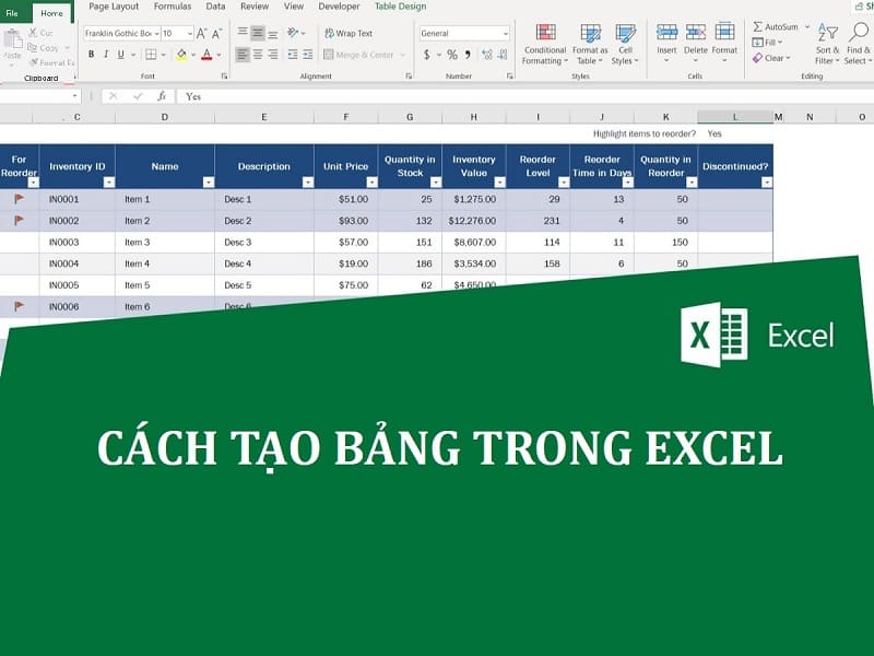 Lợi ích của việc tạo bảng trong Excel