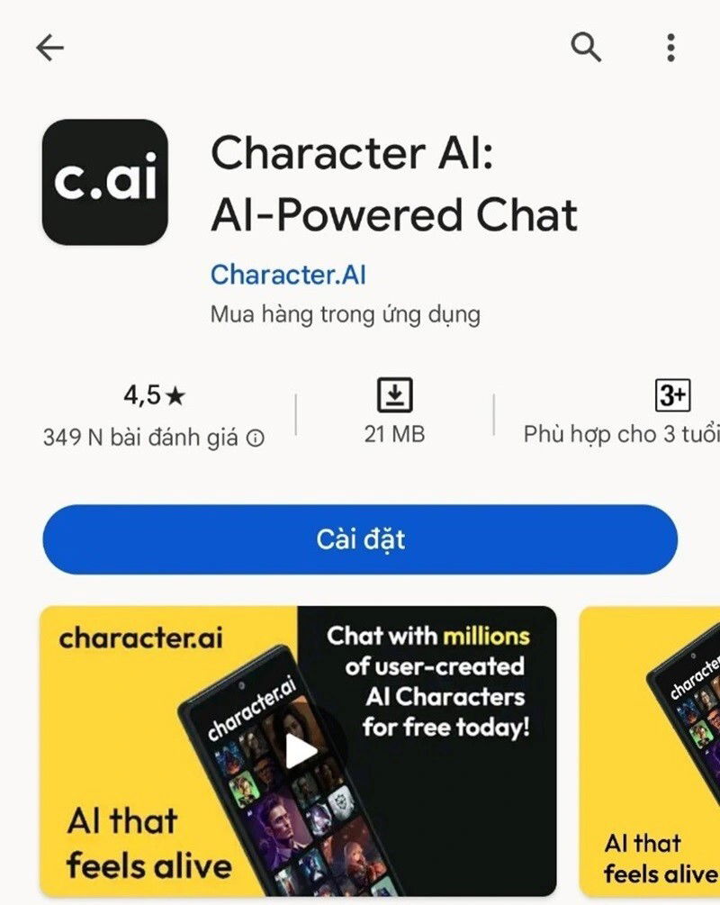 Ảnh quá trình tải và cài đặt Character AI từ Google Play Store