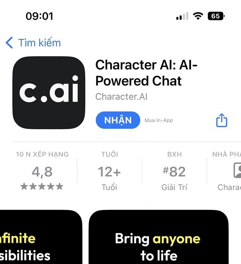 Ảnh minh họa Character AI trên App Store và giao diện cài đặt