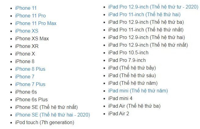 list cập nhật iOS 14 và iPadOS 14