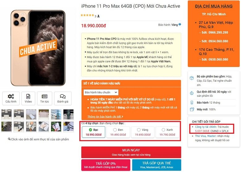 giá bán iPhone 11 Pro Max CPO