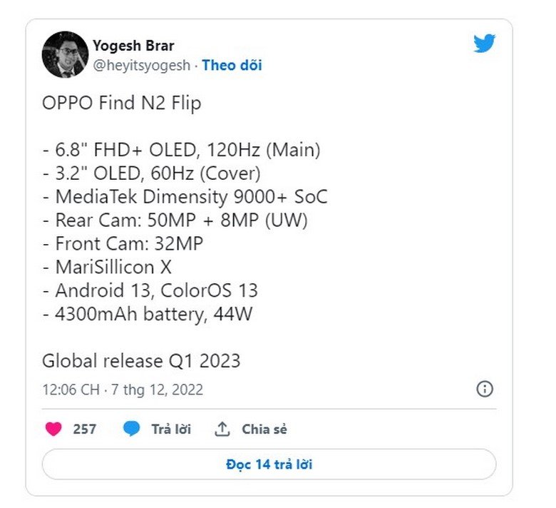 rò rỉ cấu hình OPPO Find N2 Flip