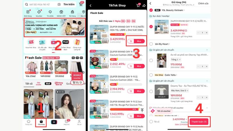 Minh họa thao tác lưu giỏ hàng và áp mã giảm giá