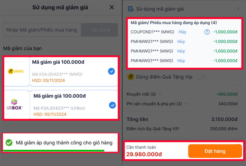 Giao diện điều khoản áp dụng mã giảm giá khi thanh toán