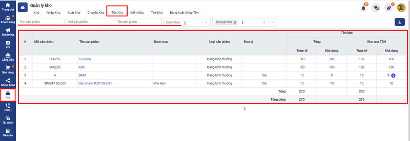 Bảng thống kê tồn kho hiển thị trực tuyến