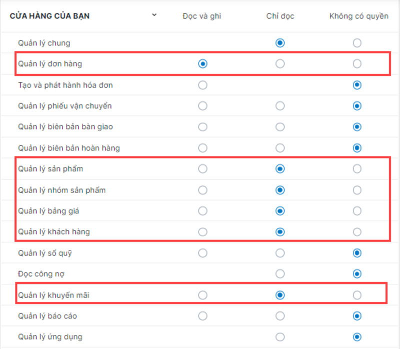 Giao diện phân quyền tài khoản nhân viên