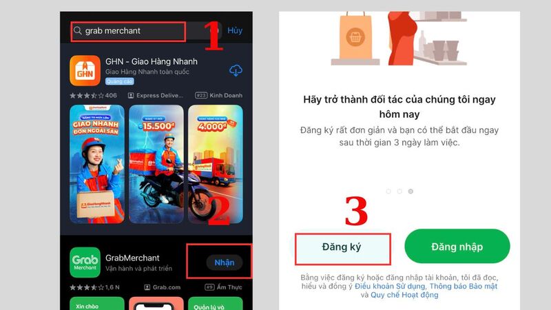 Ở bước đầu, trên kho ứng dụng bạn nhập “grab merchant” vào ô tìm kiếm, chọn đúng ứng dụng Grab Merchant, nhấn Nhận rồi bấm Đăng ký.