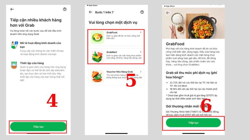 Tiếp theo, màn hình giới thiệu hiện ra, bạn nhấn Tiếp tục, chọn dịch vụ muốn đăng ký như GrabFood hoặc GrabMart, xem kỹ thông tin và tiếp tục sang bước kế tiếp.