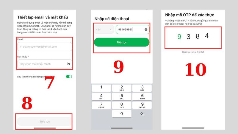 Cuối cùng, Nhập email, mật khẩu, số điện thoại, sau đó điền mã OTP để hoàn tất tạo tài khoản đối tác trên App Grab Merchant.
