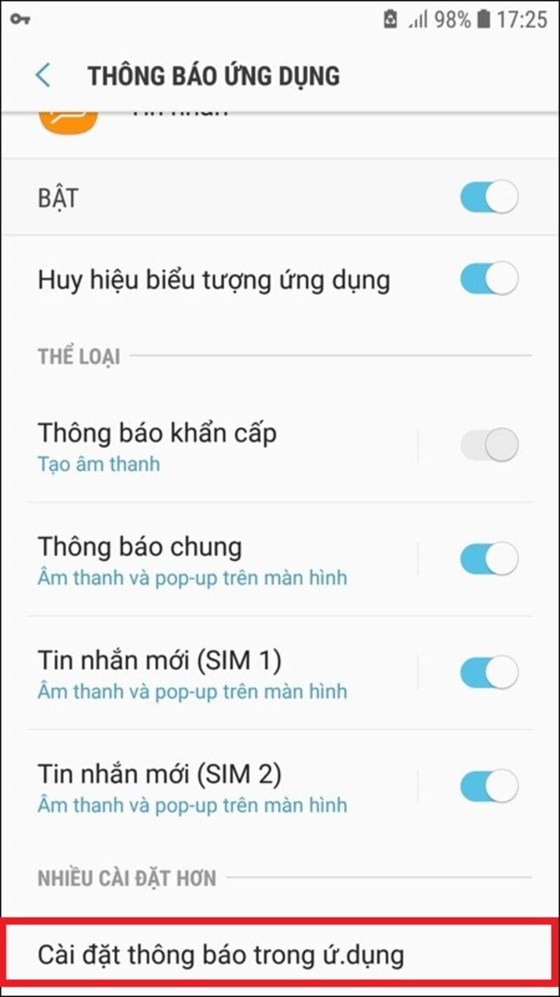 Bước 4 : Ở màn hình Thông báo ứng dụng Tin nhắn, tiếp tục chọn Cài đặt thông báo trong ứng dụng.
