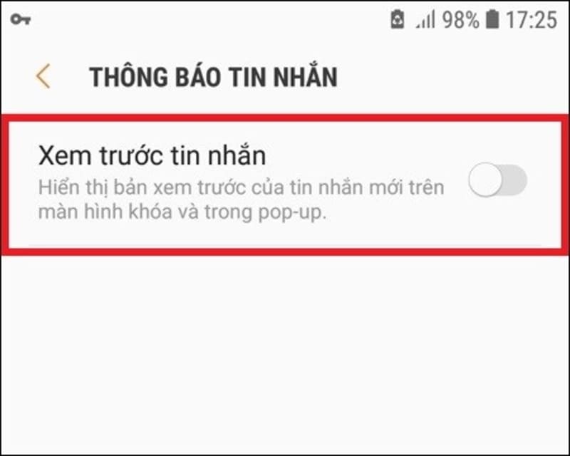 Bước 5 : Tại mục Xem trước tin nhắn, gạt công tắc sang tắt để không hiển thị nội dung tin nhắn mới trên màn hình khóa và cửa sổ pop-up.