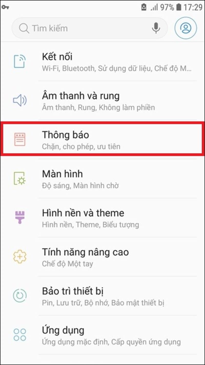Bước 2 : Từ màn hình Cài đặt của điện thoại Android, chọn mục Thông báo