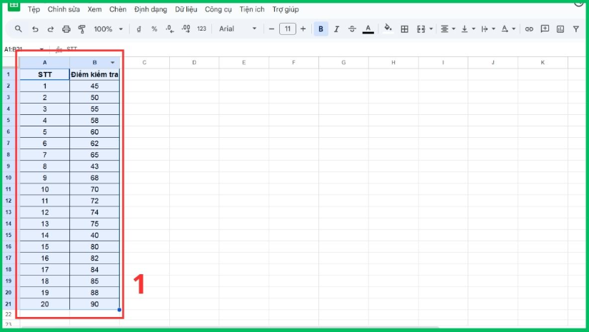 Tạo biểu đồ Histogram trong Google Sheets