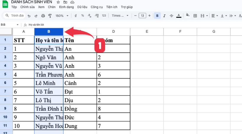 Chọn cột/hàng cần điều chỉnh