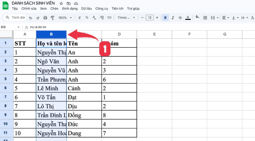 Chọn cột và hàng cần điều chỉnh