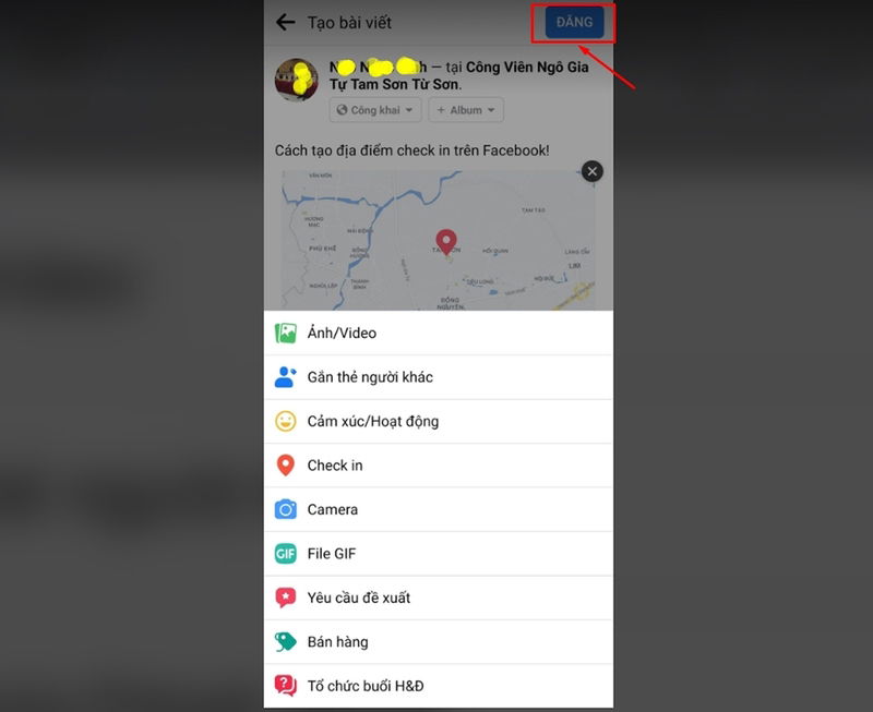 Chọn vị trí mong muốn để thêm vị trí vào bài viết