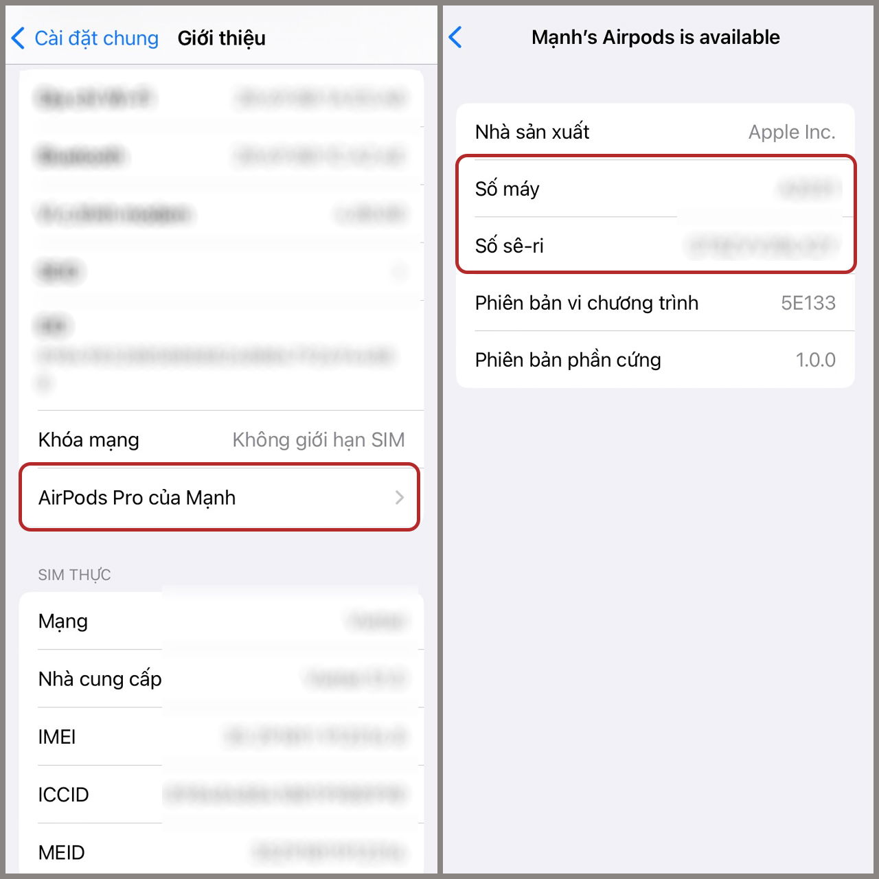 Check IMEI AirPods qua phần Cài đặt chung