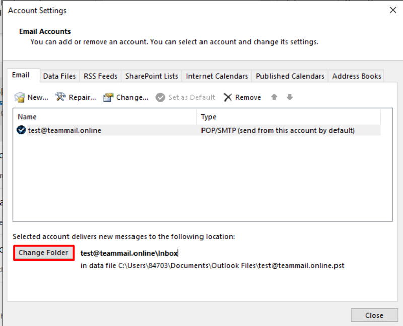 Đường dẫn tệp dữ liệu Outlook bị thay đổi