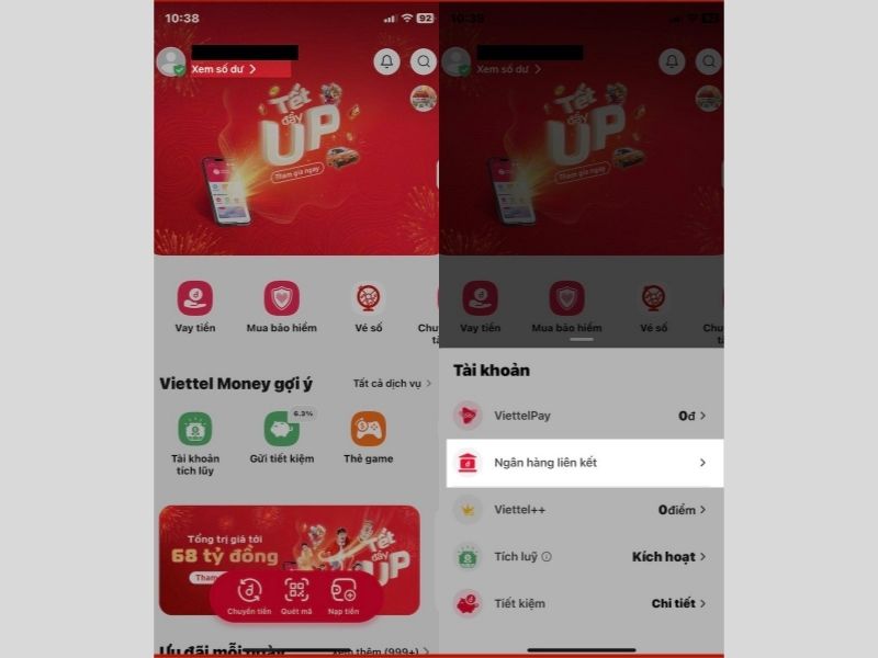 Chọn mục xem số dư và ngân hàng liên kết