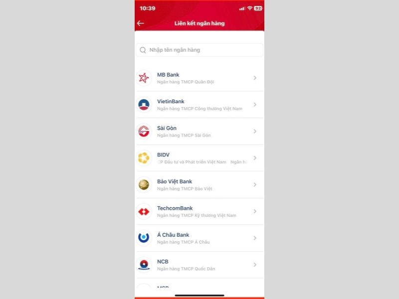 Chọn ngân hàng muốn liên kết