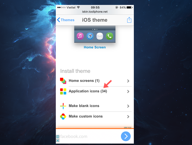 Chọn gói icon mà mình thích và nhấp Install theme > Application icons 