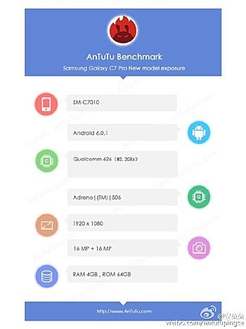 Samsung Galaxy C7 Pro lộ thông số kỹ thuật trên AnTuTu