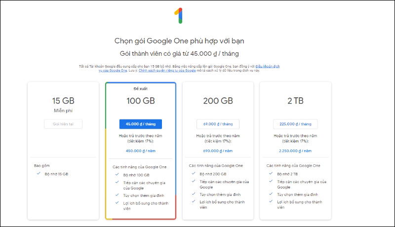 Một số gói cước của Google Drive