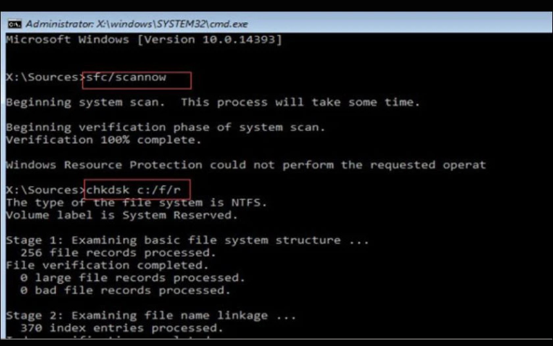 Nhập lệnh chkdsk X: /f /r 4