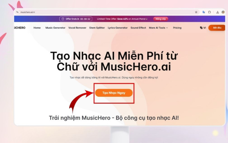 Truy cập vào trang chủ chính thức của Mmusichero AI 3