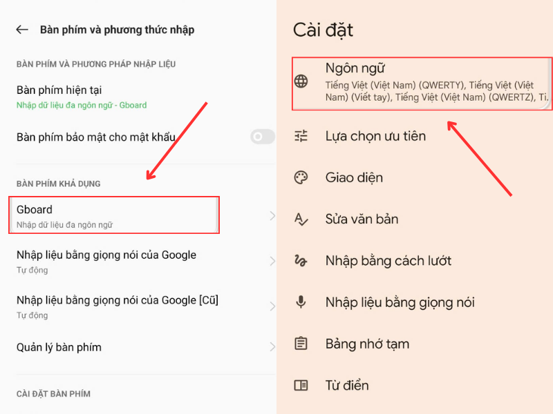  Chọn Gboard và chọn Ngôn ngữ