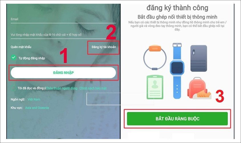 Để kết nối với Setracker 2, bạn Đăng nhập vào app và chọn Bắt đầu ràng buộc