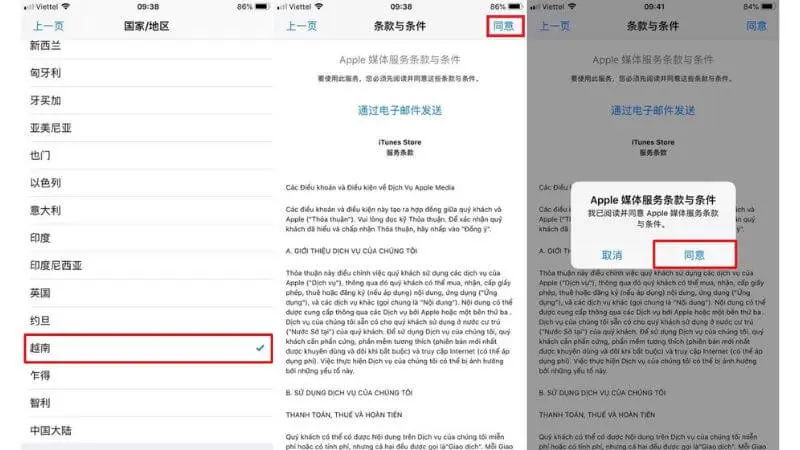Chọn Việt Nam và chấp nhận các điều khoản