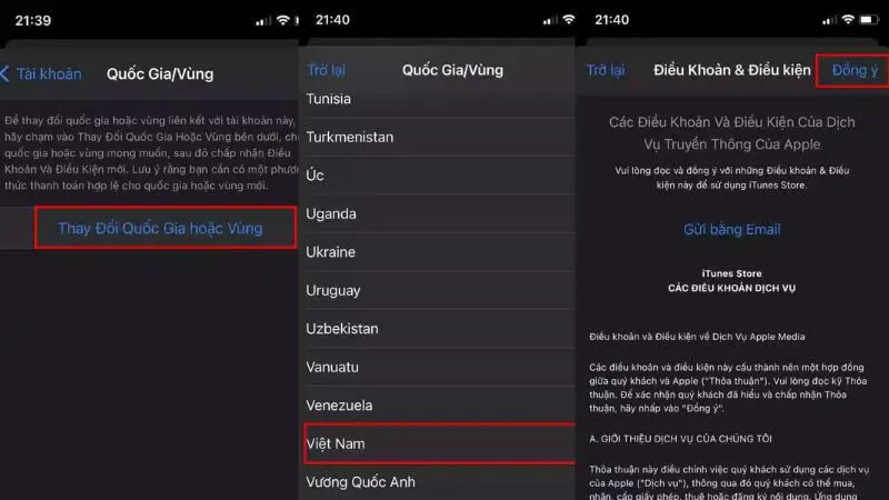 Sau đó bạn chọn Việt Nam và chấp nhận mọi điều khoản từ App Store