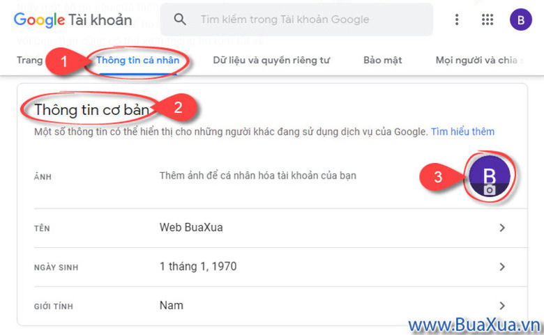 Mục Thông tin cá nhân trong cài đặt Google