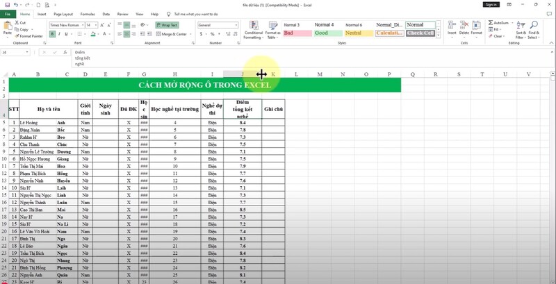 Thao tác kéo giãn chiều rộng cột Excel bằng chuột