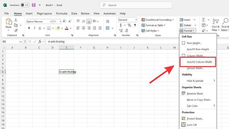 Tùy chọn Autofit Column Width và Autofit Row Height trong menu Excel