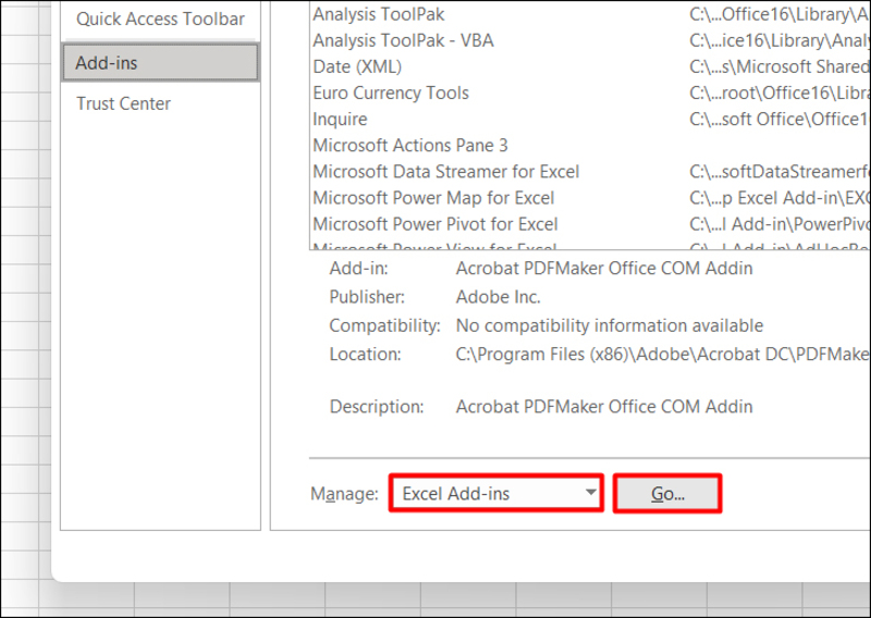 Giao diện quản lý Add-ins trong Excel