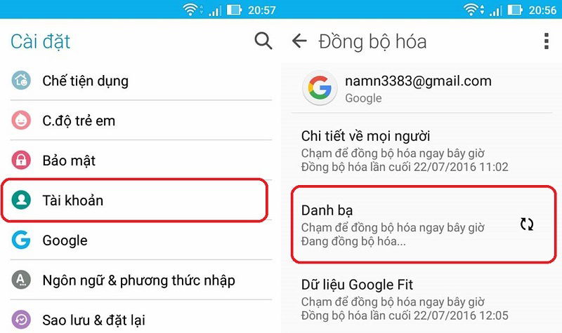 Đồng bộ với danh bạ với tài khoản Google