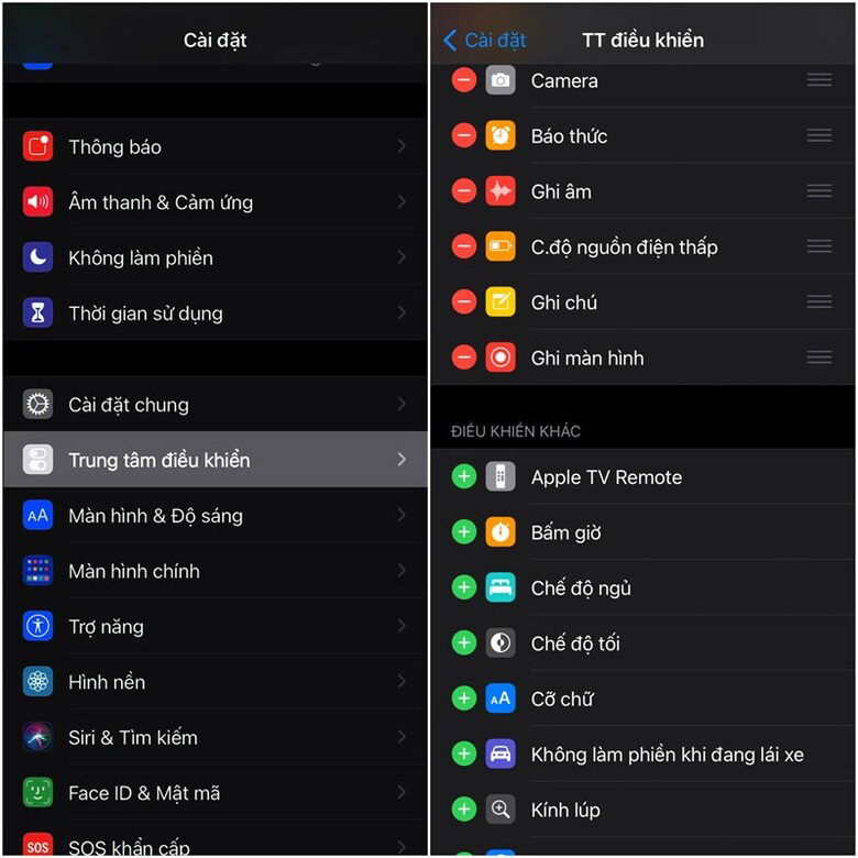 Cài đặt iPhone trong phần Trung tâm điều khiển, đang thêm tính năng ghi màn hình.