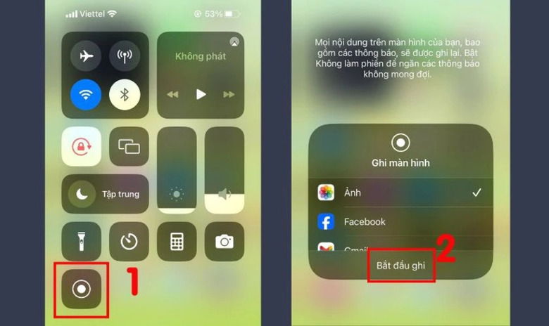 Giao diện ghi màn hình với micro đang ở chế độ tắt.