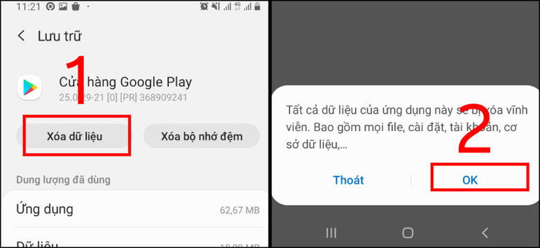 Xóa dữ liệu CH Play và Dịch vụ Google Play trong phần cài đặt ứng dụng OPPO.
