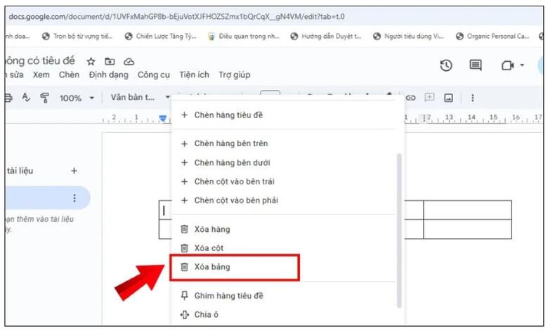Xóa bảng trong Google Docs