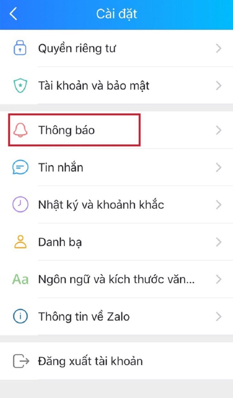 Nhấn chọn phần cài đặt để tìm kiếm thông báo