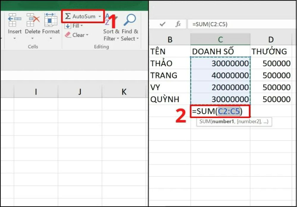 Tính tổng nhanh trong Excel bằng AutoSum