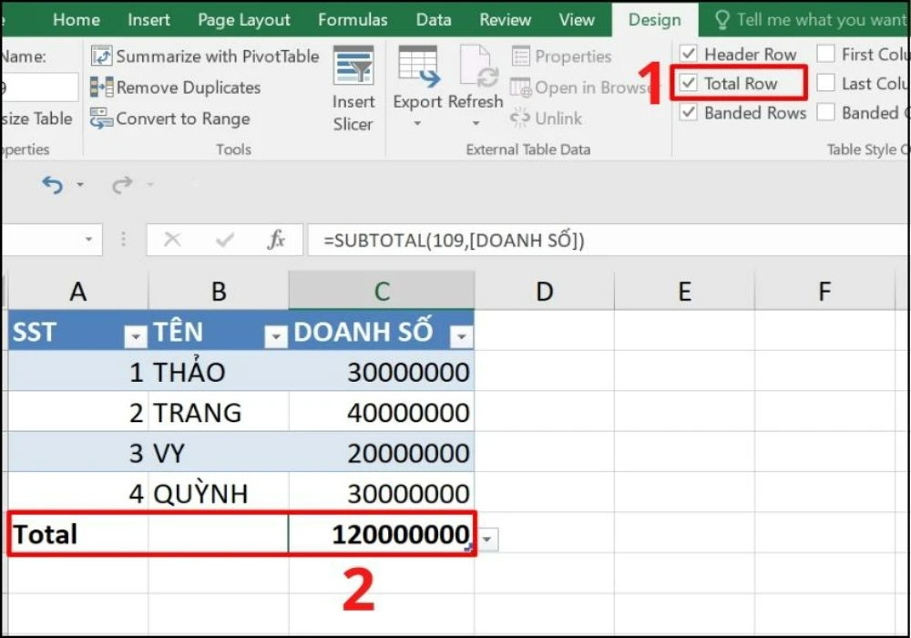 Cách tính tổng nhanh bằng bảng dữ liệu (Table)