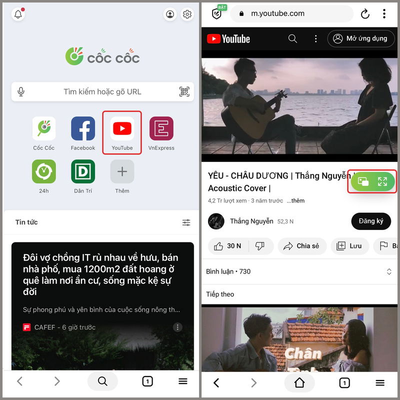 Trình duyệt Cốc Cốc iOS phát video YouTube với nút bật PiP hiển thị trên màn hình.