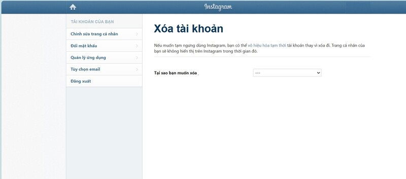 Xóa tài khoản Instagram tạm thời vĩnh viễn trên máy tính